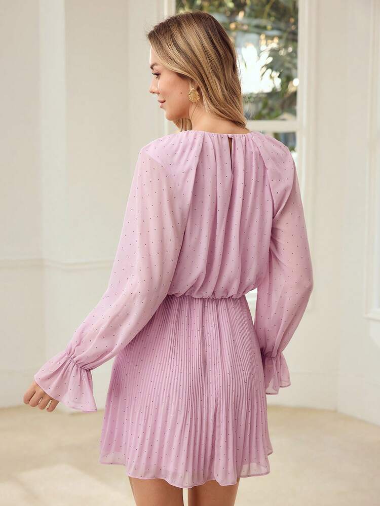 WOMEN'S PLEATED RUFFLE HEM MESH PATCHWORK MINI DRESS