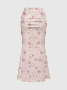 Sweetness 浪漫情人节玫瑰印花褶皱修身鱼尾裙（女款） - 粉色 - 查看 2