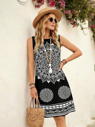 EMERY ROSE 女士休闲印花无袖连衣裙，适合夏季穿着
