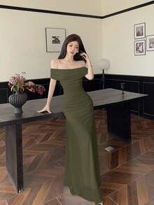 NOVVYNE 女士单肩褶皱腰身优雅婚纱/礼服 - 軍綠色 - 查看 6