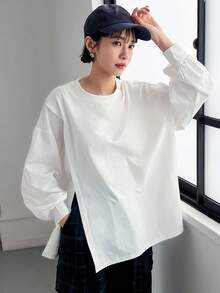 FRIFUL Women's Round Neck Loose Hem Slit Cotton Basic Solid Color T-Shirt, Suitable From Spring To Summer - White - View 5