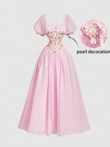 SHEIN MOD Đầm nữ thanh lịch cổ vuông xếp nếp tay phồng ngắn họa tiết hoa jacquard - Hồng - Xem 2