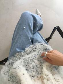 DAZY Women's Straight Leg Pearl Embellished Jeans, Stylish Wide Leg Dragging Jeans - Light Wash - View 7