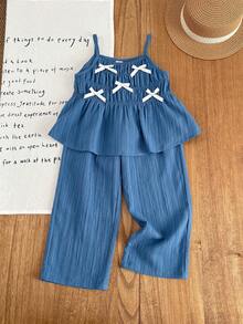 SHEIN LMoss Kids 两件套女童纯色梭织吊带背心和长裤套装 - 黑與白 - 查看 10