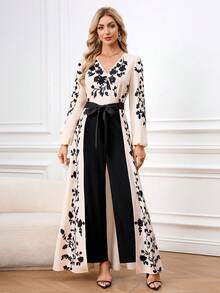 Ellevyn 女士印花拼接V领长袖优雅连体裤 - 彩色 - 查看 15