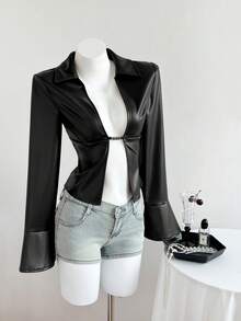 Elamini Women's New Sexy V-Neck Long Sleeve Blouse, Metal Hook Closure And Ruffle Sleeve Design. Striped Print Ruffle Sleeve Shirt, Long Sleeve Top - Black - View 5