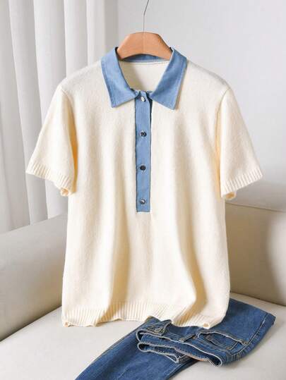 CosyJoli Plus Size Elegant French Style Denim Patchwork Lightweight Spring/Summer Short Sleeve Casual Colorblock Knit Sweater Top For Women