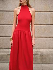 Lumivelle 女士春夏新款针织连衣裙，立领，系带露背，收腰设计，露背镂空，A字梭织裙摆，优雅浪漫风格 - 紅色 - 查看 5