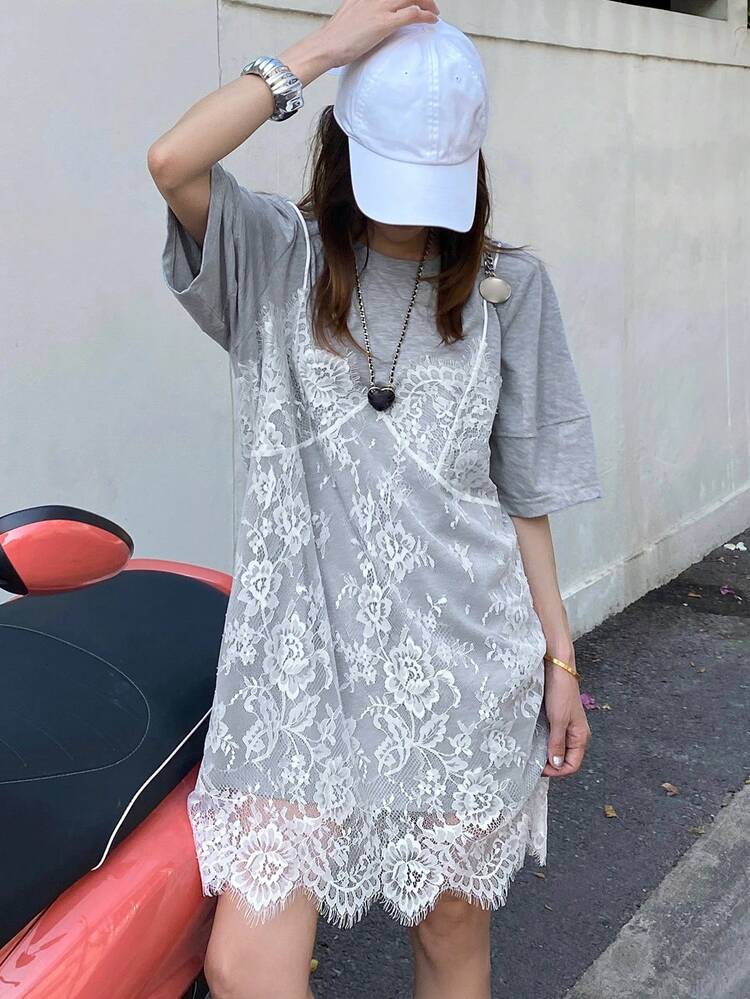 Women's Lace Splice 2 In 1 Short Sleeve Dress Sundress,Casual Women Dresses Easter