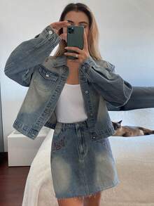 DAZY 西部牛仔复古做旧宽松领刺绣长袖直筒迷你裙休闲街头秋冬女装牛仔套装 Y2k - 藍色 - 查看 4