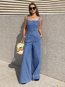 DAZY Women's Sleeveless Cinched Waist Loose Jumpsuit, Casual City Vacation Style, Washed - Medium Wash - View 2