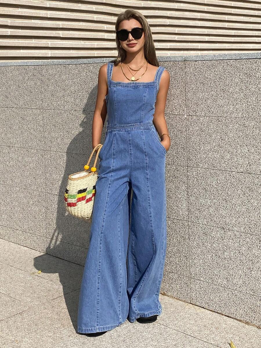 DAZY Women's Sleeveless Cinched Waist Loose Jumpsuit, Casual City Vacation Style, Washed - Medium Wash - View 1