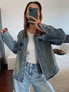 DAZY 西部牛仔风拼接撞色宽松翻领长袖休闲街头秋冬女式外套 - 藍色 - 查看 8