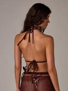 SHEIN BAE 女士纯色镂空时尚露背罩衫 - 棕色 - 查看 2