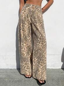 DAZY Jeans de talle alto casual con estampado de leopardo para mujer, otoño/invierno Y2k - Café integral - Ver 5