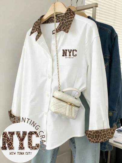 Women's Leopard Print Color Block Collar Single-Breasted Letter Print Casual Commuter Long Sleeve Shirt