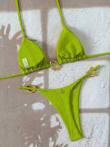 Swim Vcay 女士新款时尚纯色露背吊带金属装饰性感三角比基尼套装，夏季沙滩 - 綠色 - 查看 5