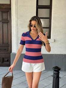 Pariaura Áo polo cổ bẻ phối sọc tương phản, phong cách đường phố Pháp, áo ngắn tay mùa hè. - Màu Hồng  San hô - Xem 3