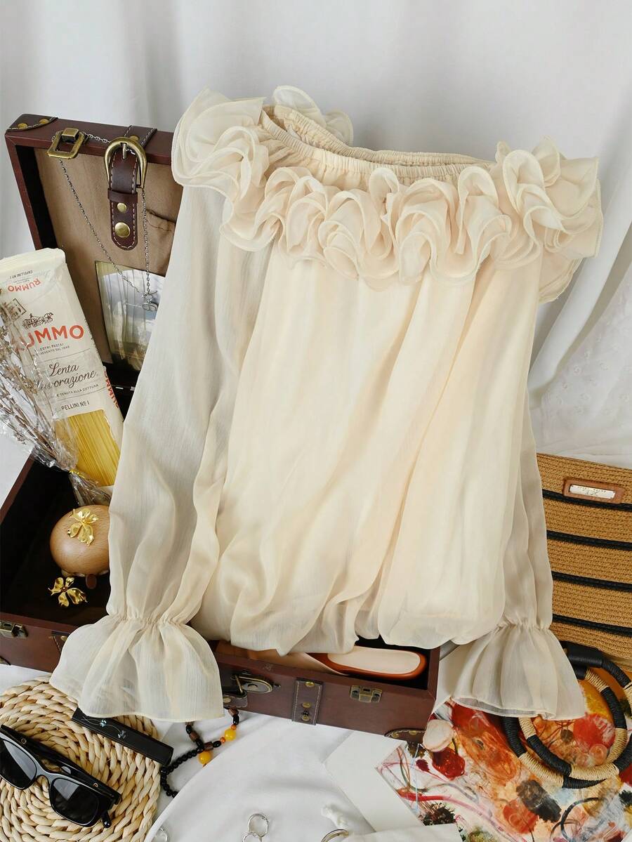 Franclia Women's Spring/Summer French Elegant Design Lace Patchwork Oblique Shoulder Long Sleeve Apricot Chiffon Casual Blouse - Apricot - View 1