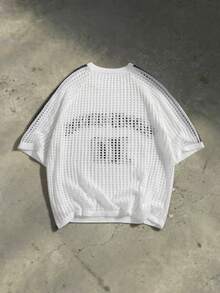 Manfinity Unisex Men's Letter Jacquard Crew Neck Short Sleeve Hollow Out Loose Knit Top - Beige - View 5