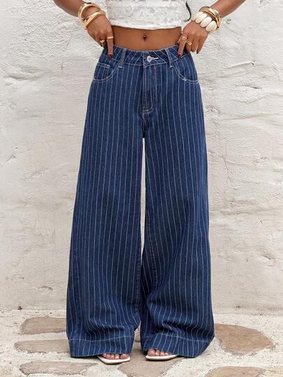 Sunnyshic Women's Casual Striped Low Waist Wide Leg Jeans