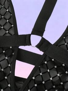 FeverCity 男士性感透视格子网眼水钻装饰镂空露背吊带连体衣