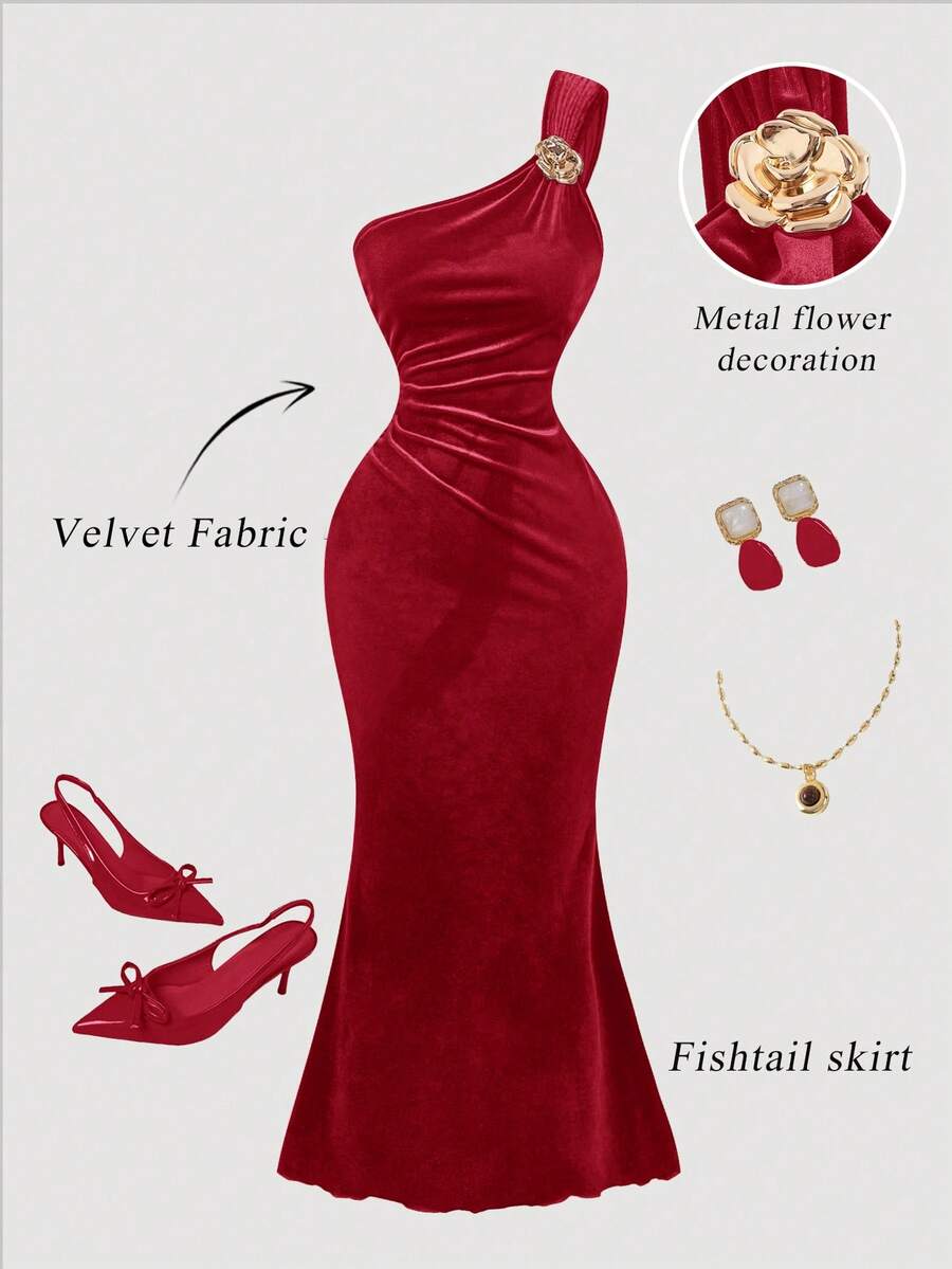 SHEIN MOD Rochie vintage elegantă pentru femei, cu umeri lungi - Fiery Red - Vizualizare 1