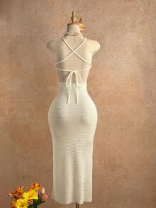 Elamini Women's White Sweater Dress, Sexy Beach Vacation Style With Blue Floral Long Dress, Summer - White - View 2