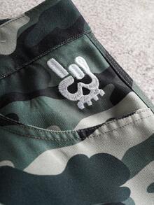 SHEIN Trolls Men's Casual Fashionable Street Camo Print Skull Embroidery Denim Shorts, Suitable For Daily Commute In Summer - Army Green - View 6