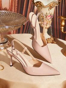 CUCCOO TILAWA Giày cao gót mũi nhọn màu trơn dành cho nữ, giày cao gót dự tiệc thời trang, giày cao gót hở mũi có quai ngang mắt cá chân, phù hợp với váy dạ hội. - Hồng - Xem 1