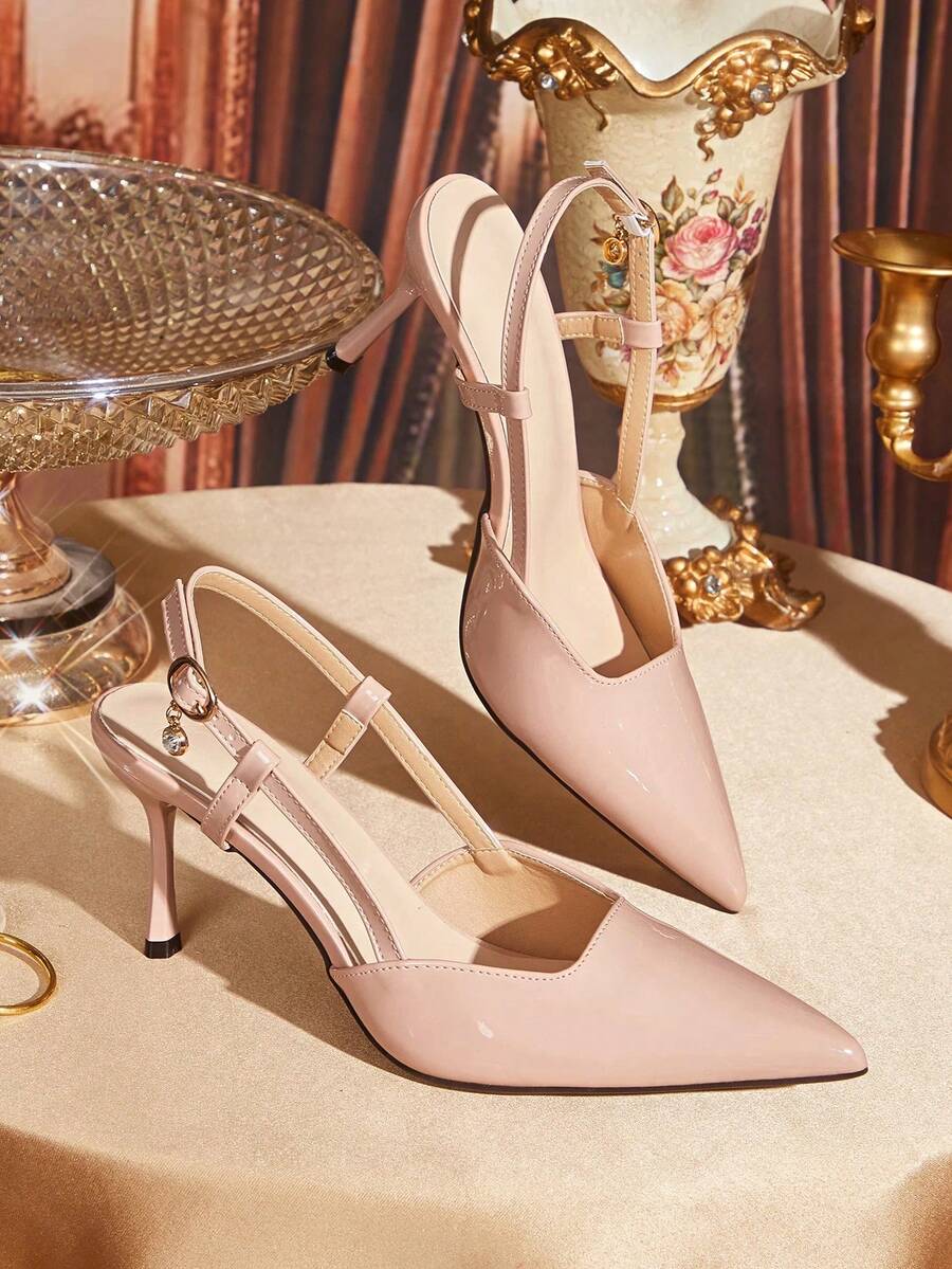 CUCCOO TILAWA Giày cao gót mũi nhọn màu trơn dành cho nữ, giày cao gót dự tiệc thời trang, giày cao gót hở mũi có quai ngang mắt cá chân, phù hợp với váy dạ hội. - Hồng - Xem 1