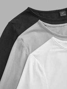SHEIN Tall Bộ 3 Áo thun tay dài đơn giản, dễ mặc, đa năng cho nữ ngày lễ tình nhân, mùa thu và đông - Đen và trắng - Xem 9