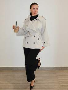 MDEdit Women's Fashionable & Elegant Double-Breasted Belted Trench Coat French Style Clothes Women Trench Coat Trench Coat Women In Fall/Winter,Cozy Fall And Winter Clothes For Women - Grey - View 1