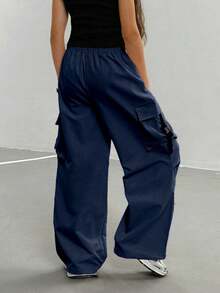 Sparklyn Quần cargo thường ngày cho bé gái tuổi teen với túi nắp - Xanh đậm - Xem 2