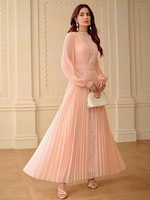 ZEYLAH Elegant Romantic Pleated Lace Patchwork Dress, Spring/Summer - Coral Pink - View 6