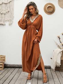 SHEIN Holidaya Đầm dài dự tiệc thường ngày dành cho nữ, cổ chữ V, đính ren, eo nhún. - Màu nâu tối - Xem 3