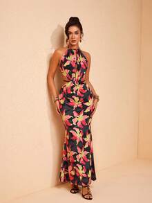 JIAN LASALA Multicolor Tropical Floral Print Halter Sleeveless Backless Long Dress Women Summer Elegant - Multicolor - View 1