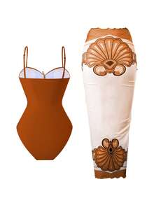 Swim Oasis 女士夏季沙滩度假镂空海星装饰褶皱连体泳衣，带系带长裙 - 棕色 - 查看 2
