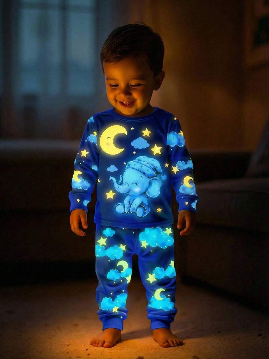 SHEIN 2pcs/Set Baby Boy/Girl Cute Casual Knit Cartoon Pattern Long Sleeve Bodysuit Pajama Set - Multicolor - View 1