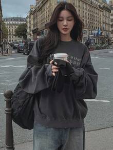 DAZY 复古休闲字母印花宽松百搭圆领女式卫衣 - 深灰色 - 查看 7