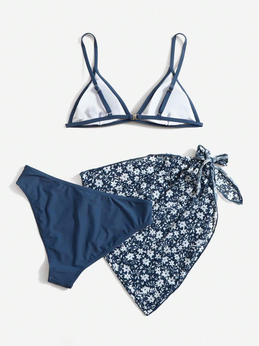 Teen Girls 3packs Triangle Bikini Set & Floral Print Beach Skirt Summer Beach - Blue - View 1