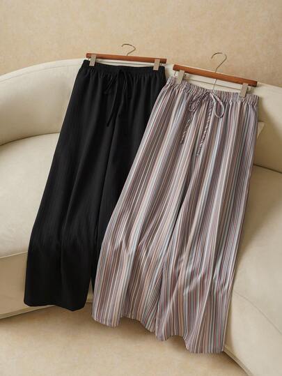 Elaquor Plus Size Women Casual Textured Chiffon Basic Straight Leg Pants