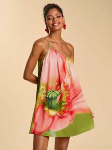 Travachic Women's Floral Print Loose Fit Sleeveless Mini Dress, Vacation Style - Green - View 7