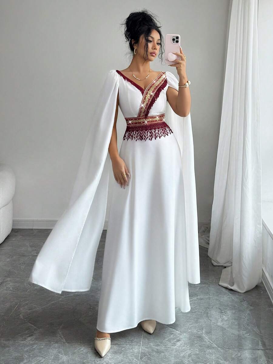 Yasmyna 女士V领流苏亮片拼接优雅阿拉伯风格连衣裙 - 白色 - 查看 1