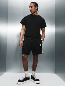 PLAYBOY X SUMWON Side Stripe Jersey Drawstring Shorts With Bunny Logo Summer Casual Elastic Waist Regular Fit Above Knee Length Loungewear - Black - View 3