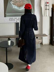 DAZY 女士翻领蝴蝶结刺绣装饰二合一不规则拼接设计休闲优雅牛仔连衣裙