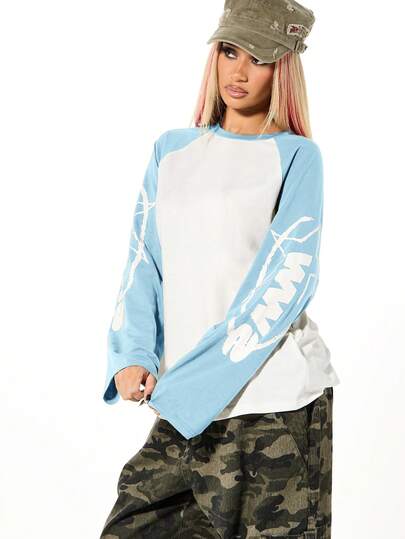 SUMWON WOMEN Raglanärmel Farbblockpullover Langarm Oversized Oberteil Baseball Stil Pullover Lässige Streetwear für Herbst und Winter