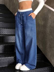 SHEIN Teenager Mädchen Y2K Herbst Blaue & Weiße Lässige Gestreifte Weite Bein Jeans Hose, Mit Kontrastierendem Bund Und 2-in-1 Design - Mittele Waschung - Übersicht 3