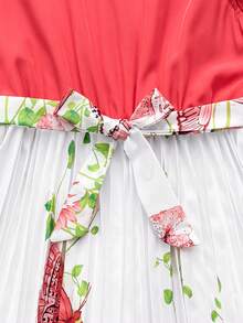 Sparklyn Tween Girls Elegant Vacation Bow Print Pleated Dress - Red - View 7