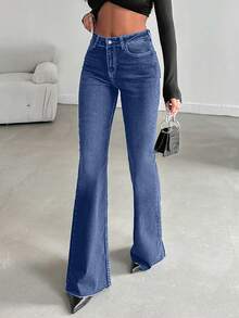 EURMUSE Jeans de pierna acampanada de cintura alta con bolsillos, versátiles y casuales para mujer - Azul lavado oscuro - Ver 3